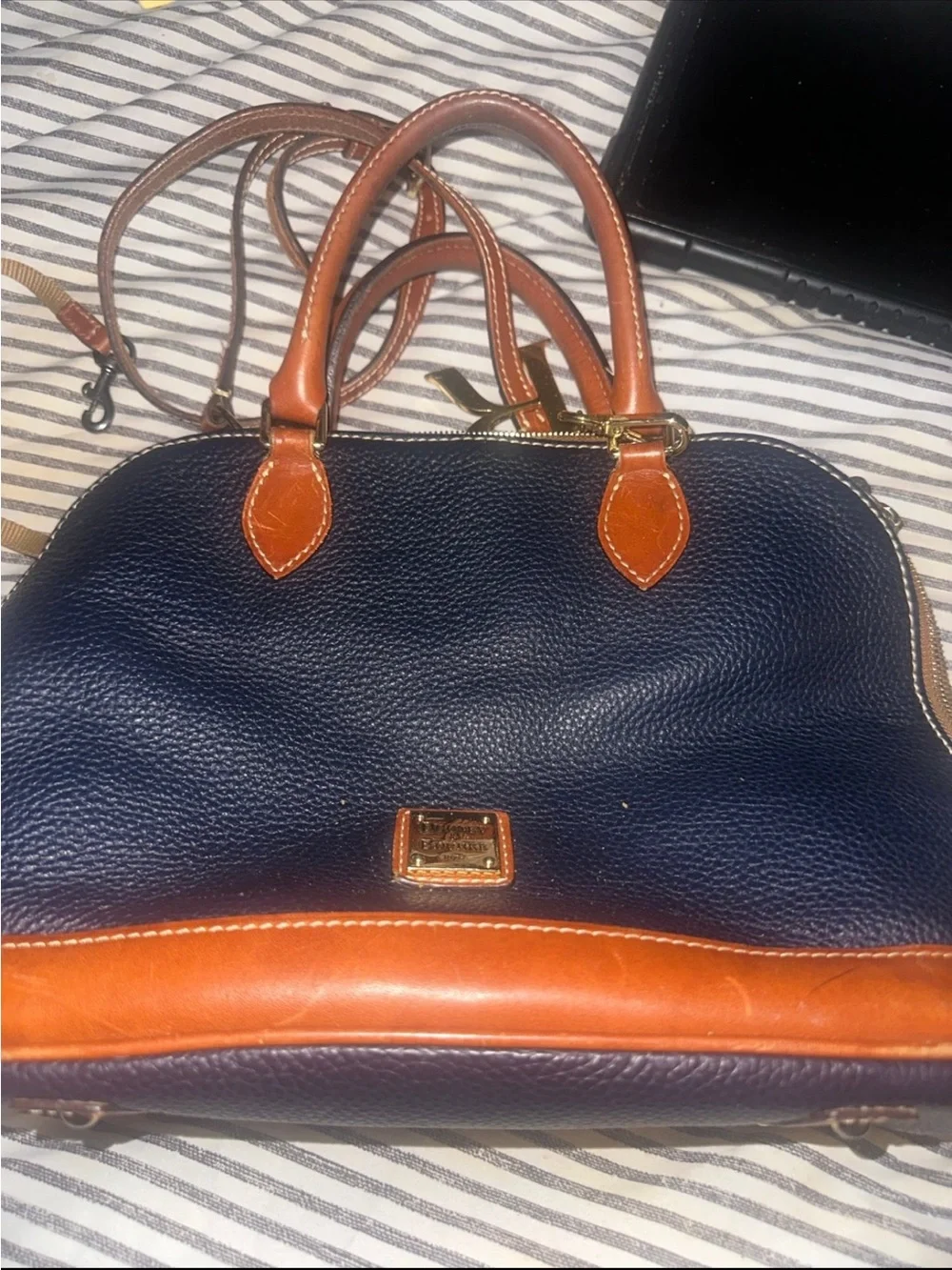 Dooney & Bourke Black Pebbled Leather Satchel with Brown Trim
